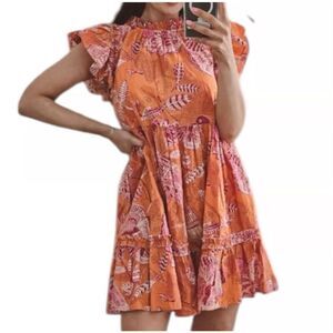 House of Harlow 1960 Mini Dress Size M Burnt Orange Pink Floral Paisley Short Ru